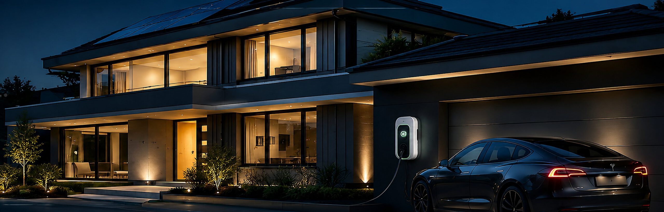 Modernes Wohngebäude mit Photovoltaik und E-Mobilität